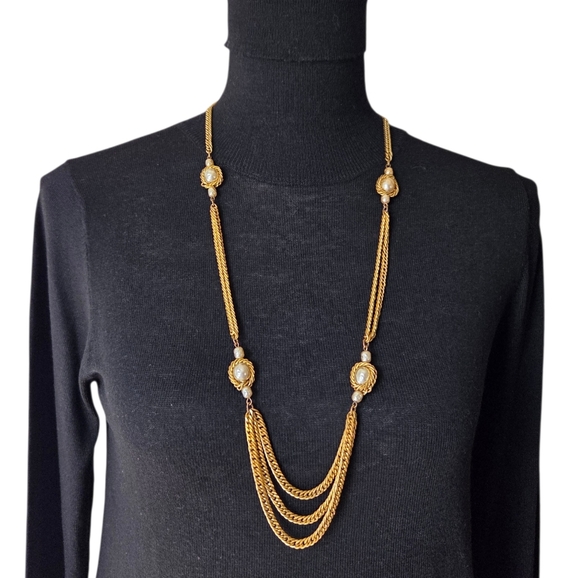 Miriam Haskell Vintage Pearl Festoon Swag Necklace Gold Tone 1970s